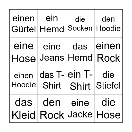 Ich trage... Bingo Card