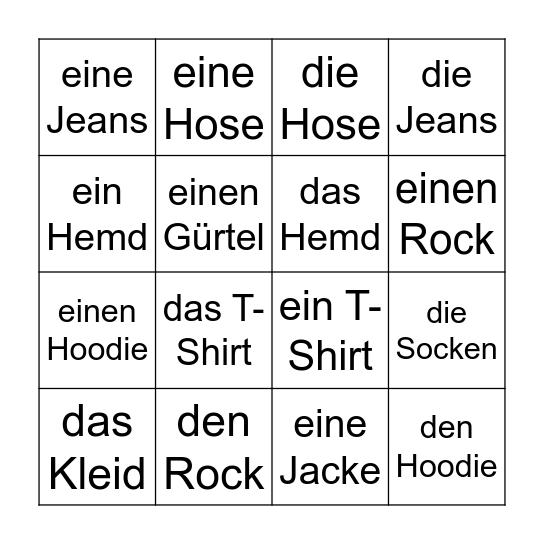 Ich trage... Bingo Card