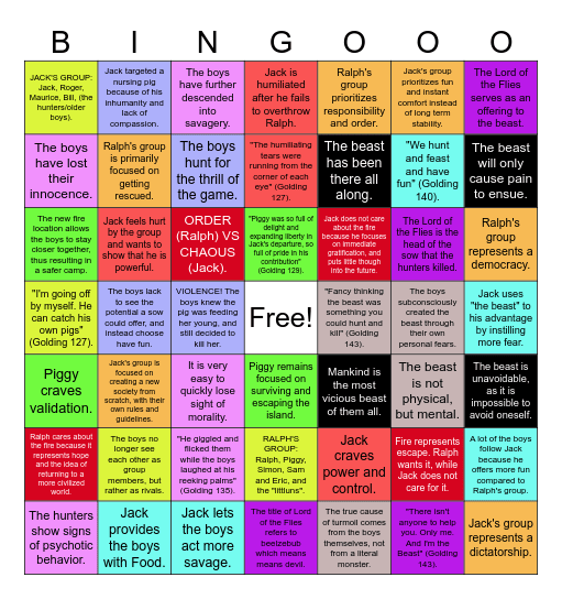 LORD OF THE FLIES  BINGO! Bingo Card