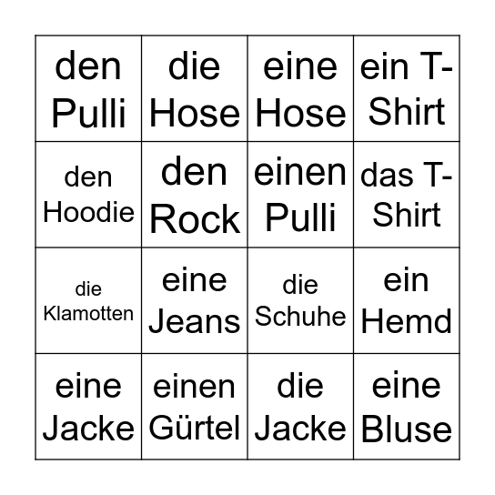 Ich trage... Bingo Card