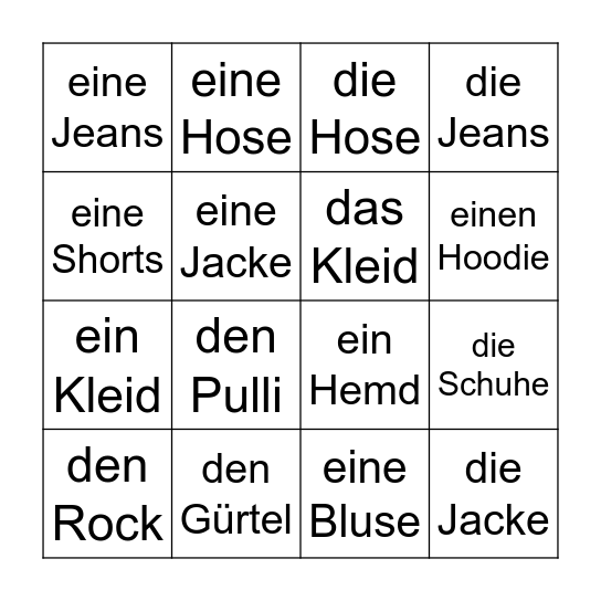 Ich trage... Bingo Card
