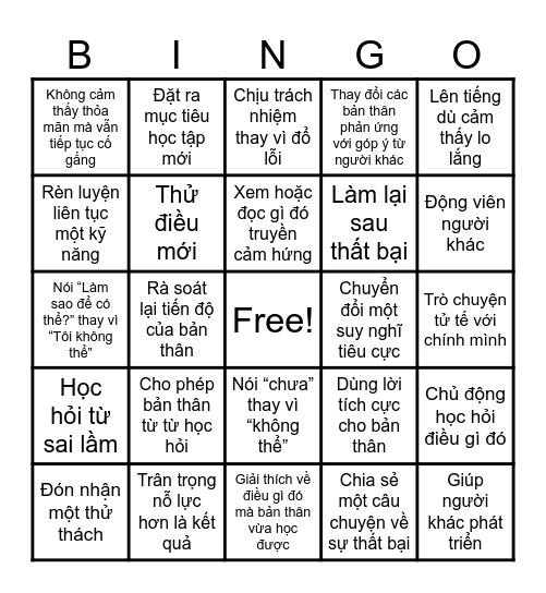 GROWTH MINDSET Bingo Card