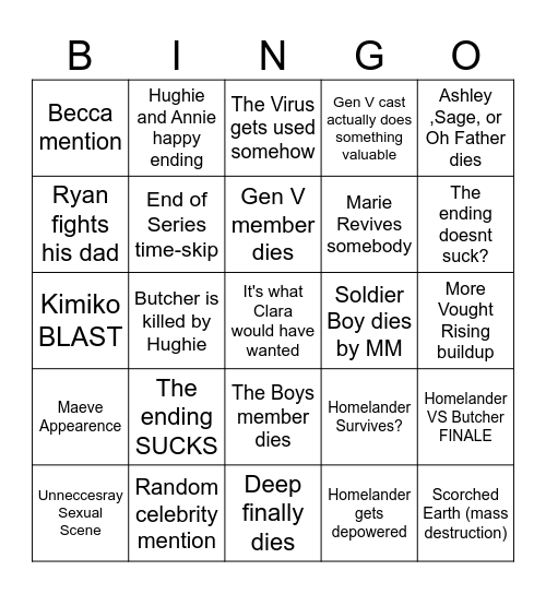 The Boys Finale Bingo Card