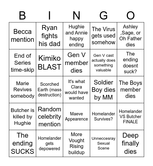 The Boys Finale Bingo Card