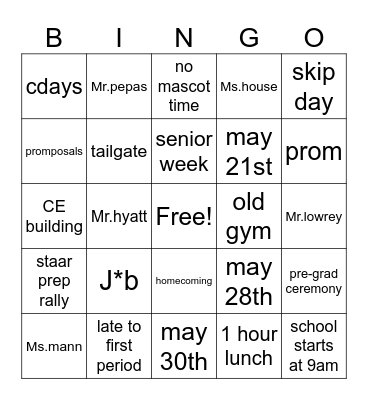 pre-graduation ceremony Bingo Card