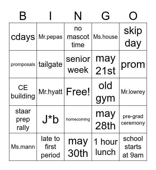 pre-graduation ceremony Bingo Card