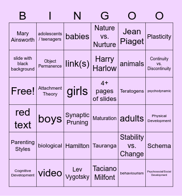 PSYCH 100 Development I Week 12 Bingo Card