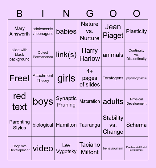 PSYCH 100 Development I Week 12 Bingo Card