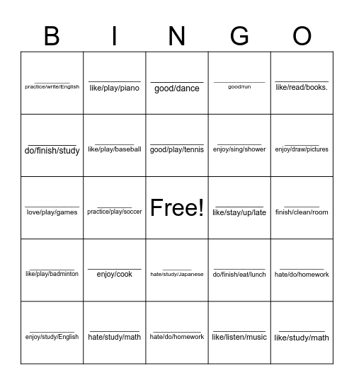GERUND or INFINITIVE: FIND SOMEONE WHO... Bingo Card