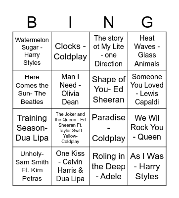 Musical Bingo UK Bingo Card
