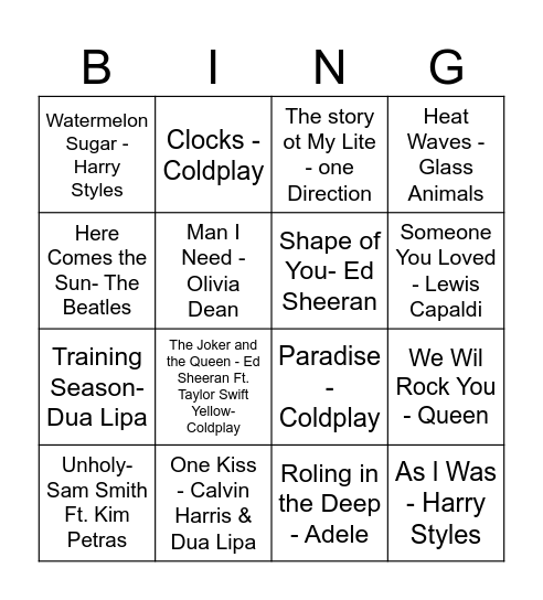 Musical Bingo UK Bingo Card