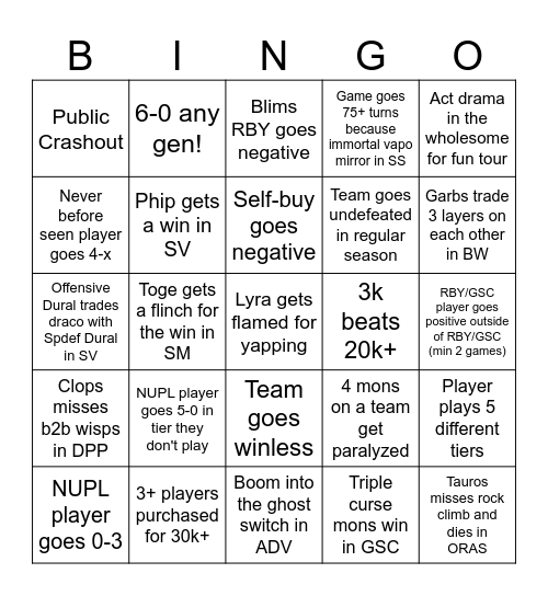 NUFL BINGO!!! Bingo Card