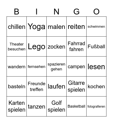 Hobbies Bingo Card