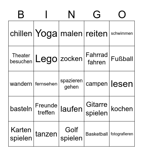 Hobbies Bingo Card