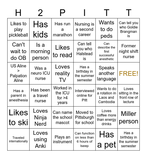 SRNA Mentoring BINGO Card