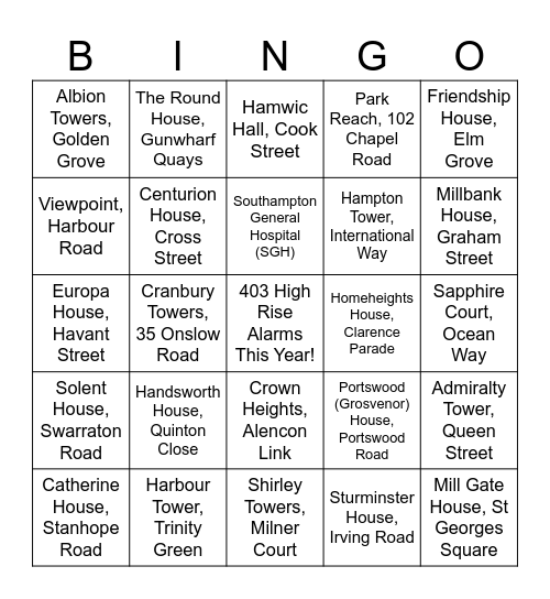 Hampshire High Rise Bingo Card