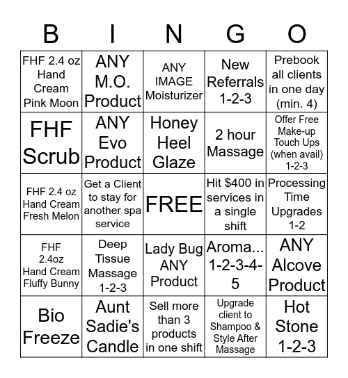 Massage Bingo Card