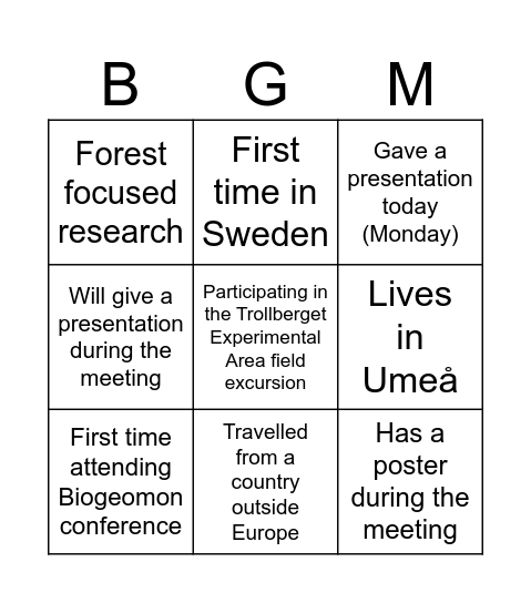 BioGeoMon ECR Bingo Card