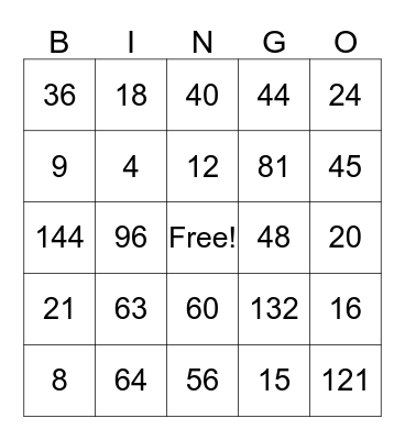 Multiplication Bingo Card