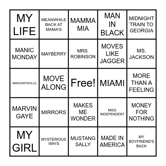 SONGS THAT START WITH M Bingo Card