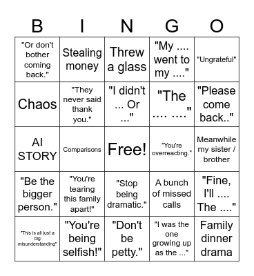Reddit family bingo Card