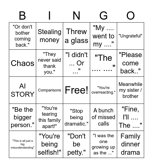 Reddit family bingo Card