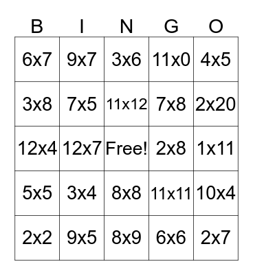 Multiplication Bingo Card
