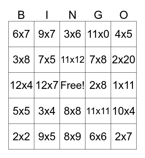 Multiplication Bingo Card