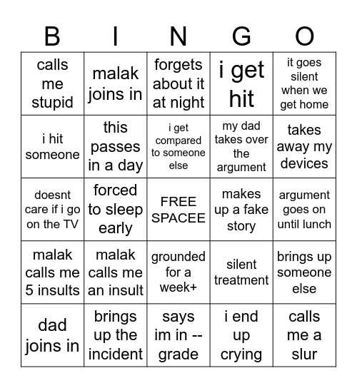 what happens when i get home Bingo Card
