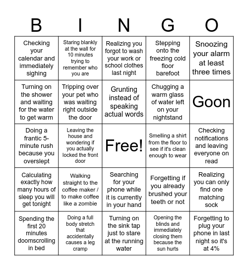 Wake Up Call Bingo Card