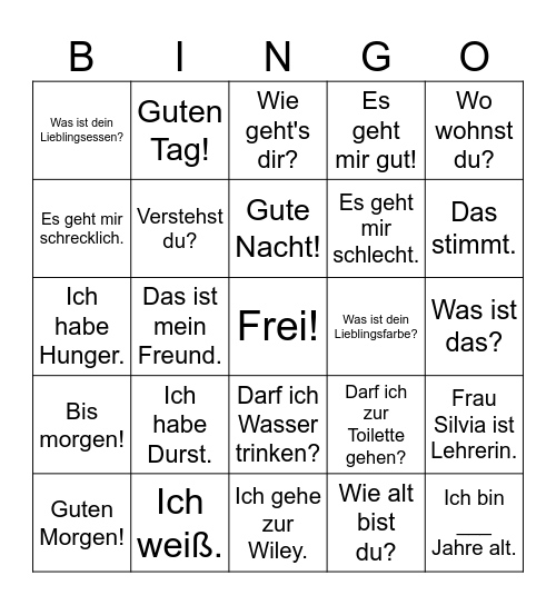 German Phrases Bingo Card