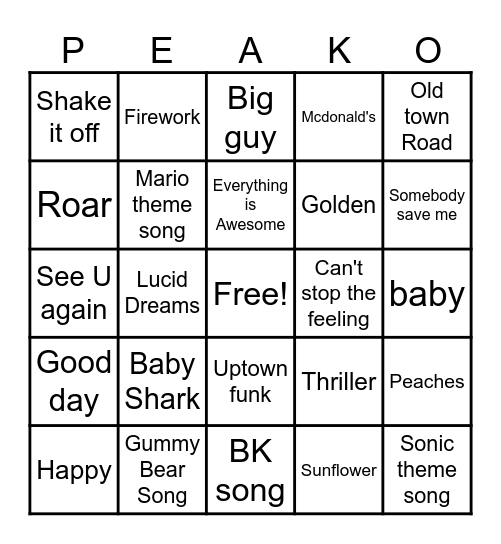 PEAK-O Bingo Card