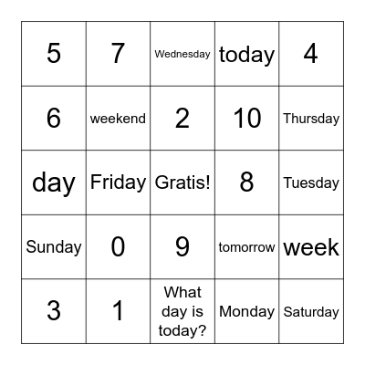Numbers 0-10, Days of the Week Bingo Card