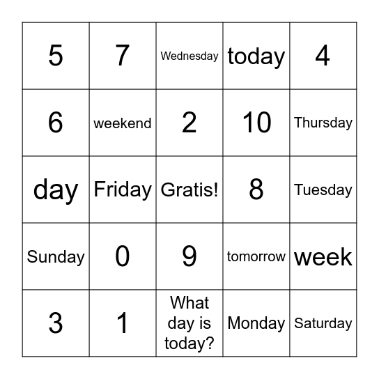 Numbers 0-10, Days of the Week Bingo Card