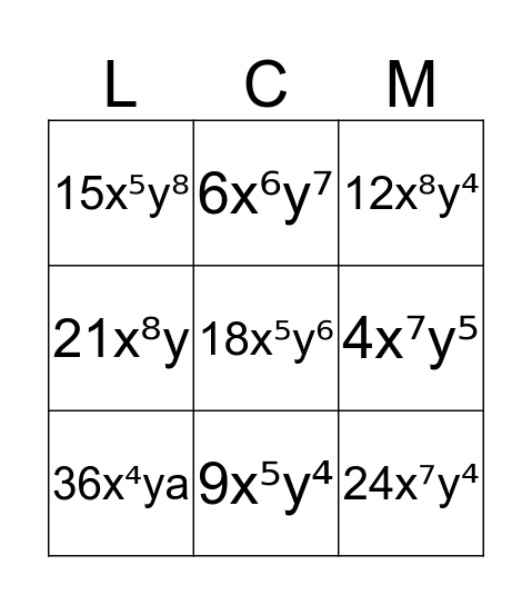 LCM Monomials Bingo Card