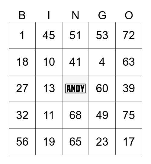 Bingo Andy Bingo Card