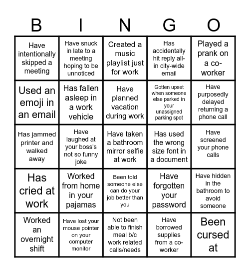 WORKPLACE BINGO Card
