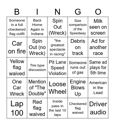 Indy 500 Bingo Card