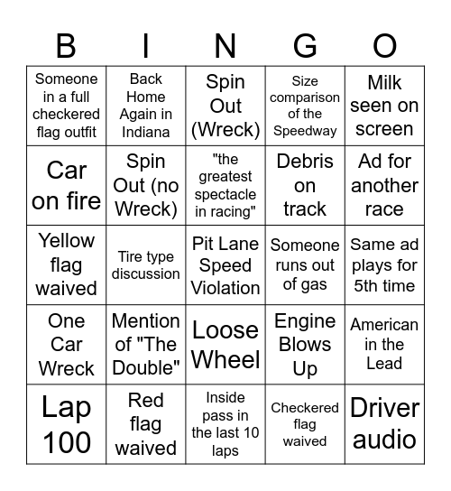 Indy 500 Bingo Card
