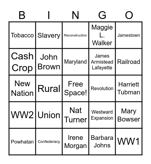VA Studies Bingo Card
