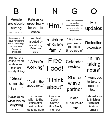 DC Metro Staff Meeting Bingo Card