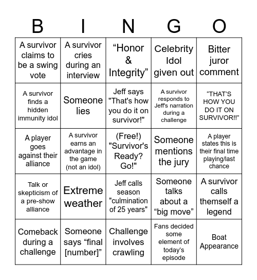 Survivor Bingo Card