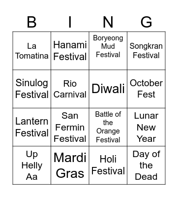 Worl Festivals Bingo Card