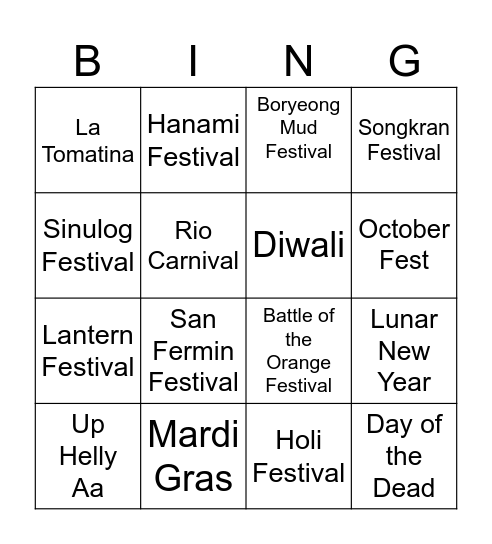 Worl Festivals Bingo Card