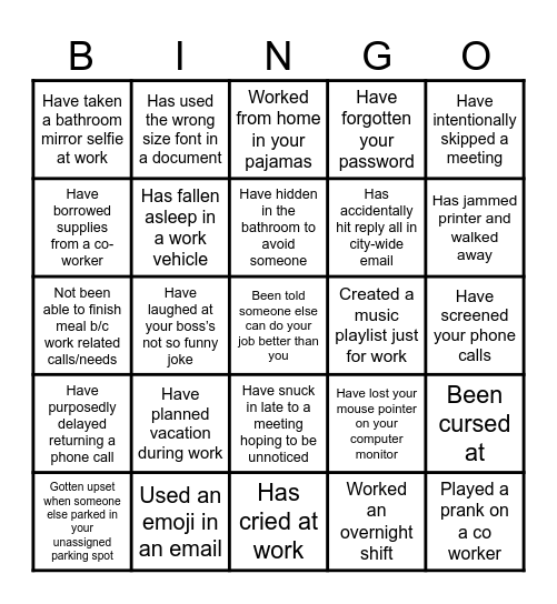 WORKPLACE BINGO Card