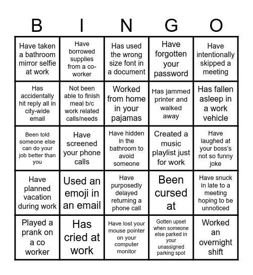 WORKPLACE BINGO Card