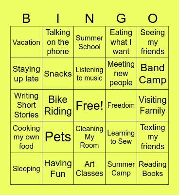 School's Out! Bingo Card