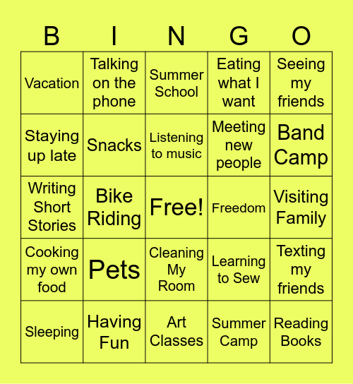 School's Out! Bingo Card