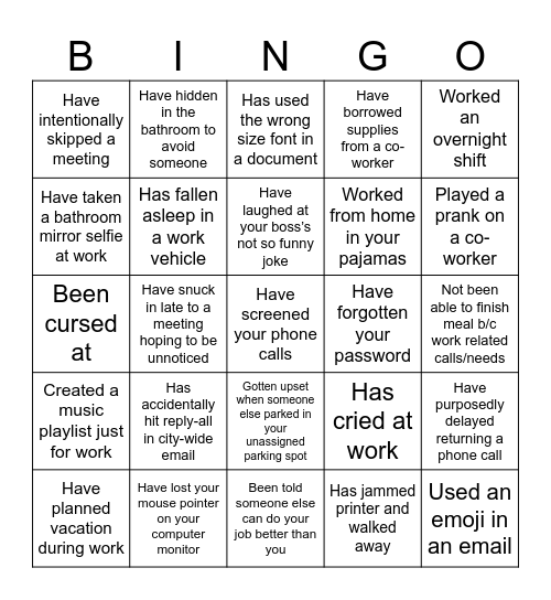 WORKPLACE BINGO Card