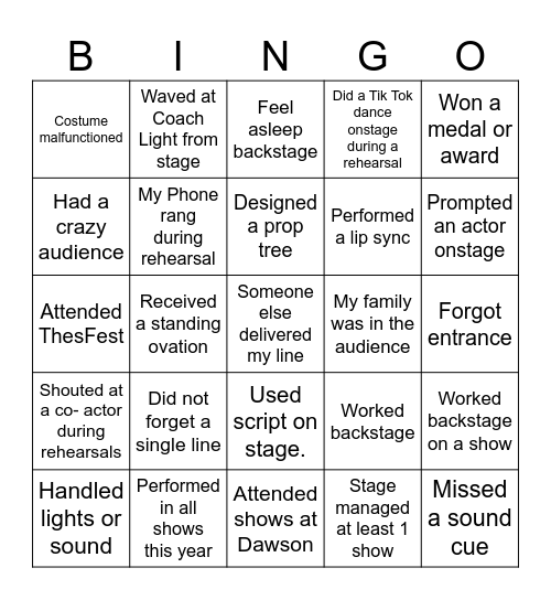 Theatre Bingo Card
